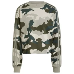 adidas Essentials 3 Stripes Camo Print Cropped Sweatshirt in Green
