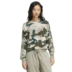 adidas Essentials 3 Stripes Camo Print Cropped Sweatshirt in Green