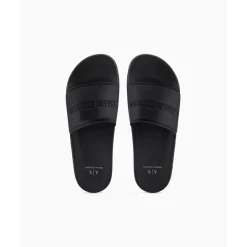 Armani Exchange Exchange Textured Open Toe Flat Slides in Black