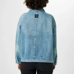 Armani Exchange Long Relaxed Fit Trucker Jacket in Blue