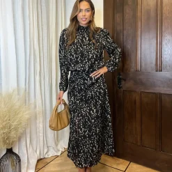 AX Paris And Beige Printed High Neck Split Skirt Midi Dress in Black