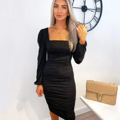 AX Paris Neck Ruched Long Sleeve Midi Dress in Black