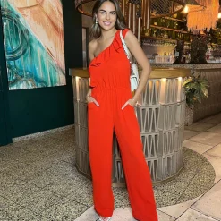 AX Paris Orange Frill One Shoulder Jumpsuit in Orange