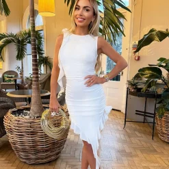 AX Paris Ruched Asymmetrical Frill Midi Dress With Flower Detail in Cream