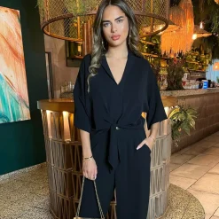 AX Paris V Neck Collar Tie FronT-Shirt in Black