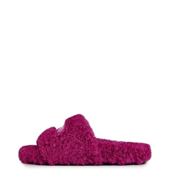 Balenciaga Fur Slide Sandals with Lettering in Pink