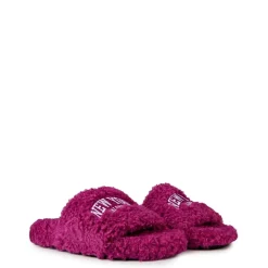 Balenciaga Fur Slide Sandals with Lettering in Pink