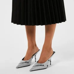 Balenciaga Square Knife Crystal Embellished Leather Heeled Mules in Silver