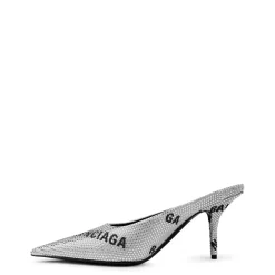 Balenciaga Square Knife Crystal Embellished Leather Heeled Mules in Silver