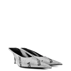 Balenciaga Square Knife Crystal Embellished Leather Heeled Mules in Silver