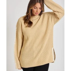 Be You Contrast Stitch Mock Neck Sweater in Neutral