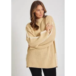 Be You Contrast Stitch Mock Neck Sweater in Neutral