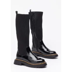 Be You Girls Chain Detail Patent Rib Boot in Black