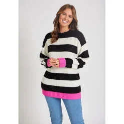 Be You Stripe Relaxed Fit Crew Neck Sweater in Black