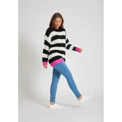 Be You Stripe Relaxed Fit Crew Neck Sweater in Black