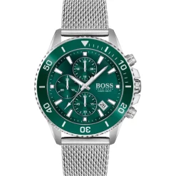 Boss Admiral Stainless Steel Green Dial Mesh Strap Watch in Silver