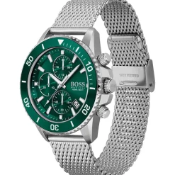 Boss Admiral Stainless Steel Green Dial Mesh Strap Watch in Silver