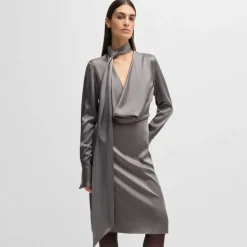 Boss Bascarva Long Sleeve Scarf Neckline Dress in Grey