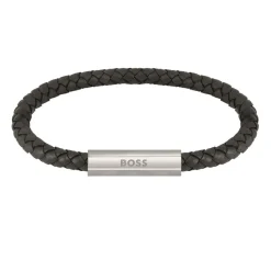 Boss Braided Black Leather Bracelet in Black