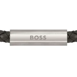 Boss Braided Black Leather Bracelet in Black