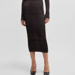 Boss Farmina Ribbed Knit Midi Skirt in Brown