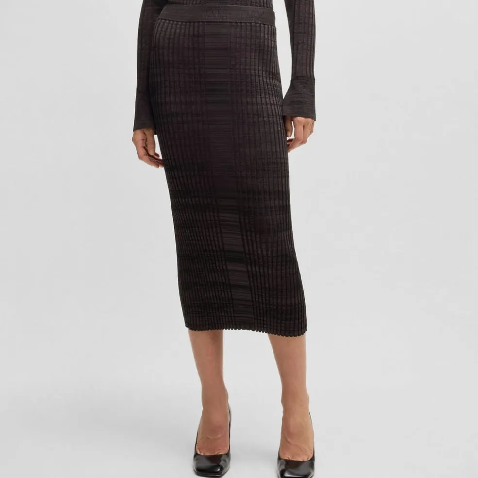 Boss Farmina Ribbed Knit Midi Skirt in Brown