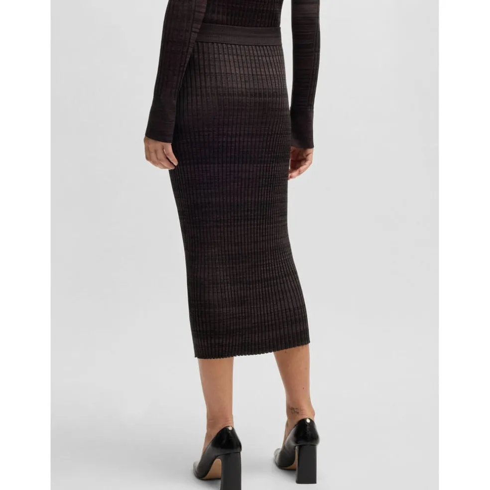 Boss Farmina Ribbed Knit Midi Skirt in Brown