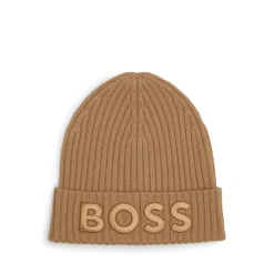 Boss Lara Embroidered Logo Beanie in Beige