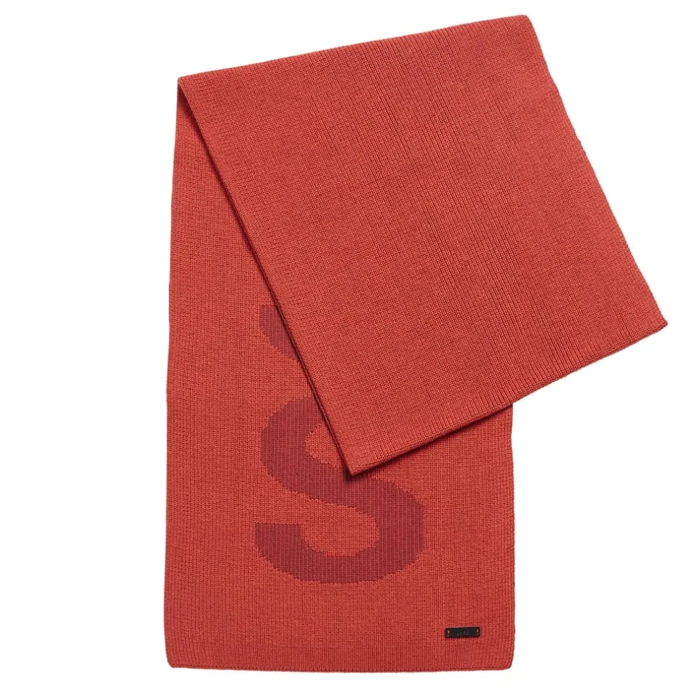 Boss Mens Cotton-Blend Scarf with Logo Structure in Red