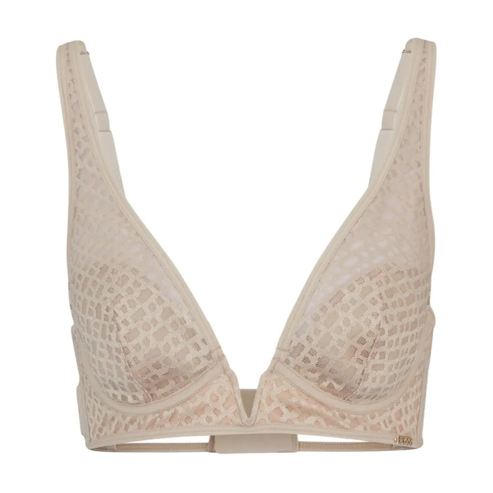 Boss Monogram Lace Triangle Bra in Beige