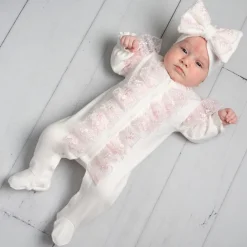 Caramelo Kids Caram Frill Crew Neck Long Sleeve Onesie in Pink