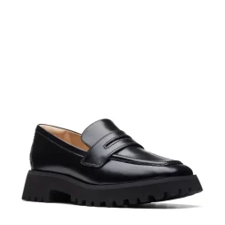 Clarks Stayso Penny Block Heel Loafers in Black
