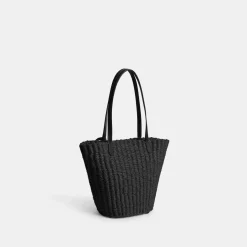 Coach S Straw Ribbed Tote with Detachable Strap in Black