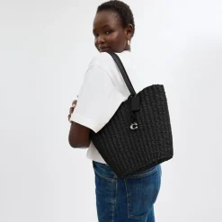 Coach S Straw Ribbed Tote with Detachable Strap in Black