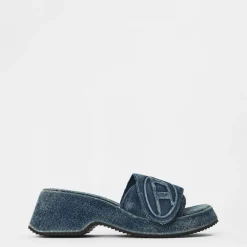 Diesel Sa Oval D Denim Slide Sandals in Blue