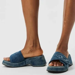 Diesel Sa Oval D Denim Slide Sandals in Blue