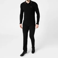 Emporio Armani EA7 Long Sleeved Tipped Polo Shirt in Black