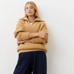 Finery Wilma Zip Neck Relaxed Fit Sweater in Beige