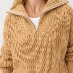 Finery Wilma Zip Neck Relaxed Fit Sweater in Beige
