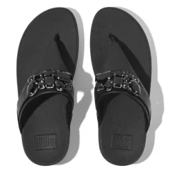 Fit Flop Lulu Bejewelled Trim Toe-Post Sandals in Black