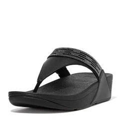Fit Flop Lulu Lasercrystal Leather Toe-Post Sandals in Black