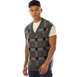 Fred Perry Glitch Tartan Knitted Tank Top in Green