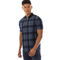 Fred Perry Glitch Tartan Zip Neck Polo Shirt in Blue