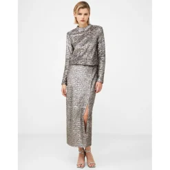 French Connection Adalynn Sequin Mock Neck Maxi Dress in Silver