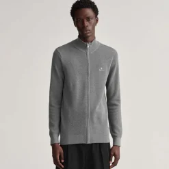 Gant Cotton Piqué Zipped Cardigan in Grey