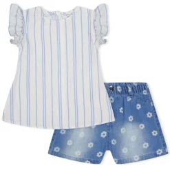 Hello World Baby Girl Frill Top And Print Short Set in Multi