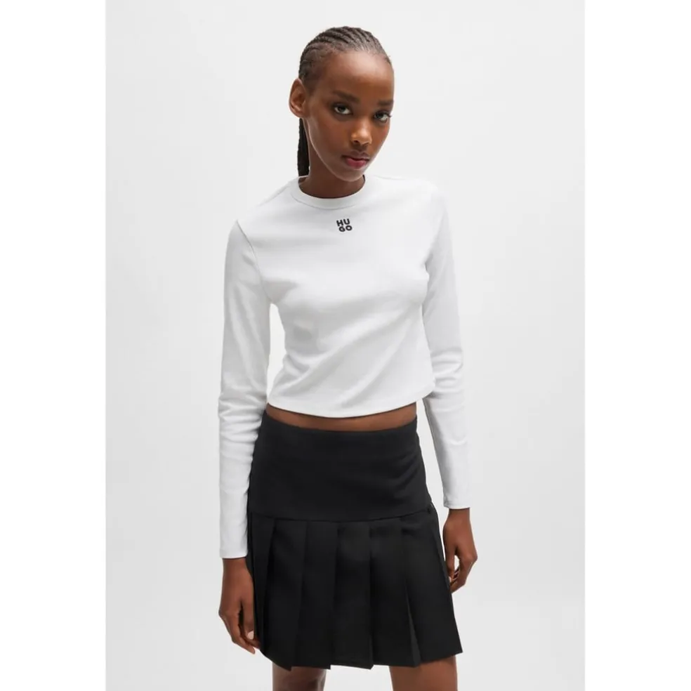 Hugo Cropped Slim Fit Long Sleeve T-Shirt in White