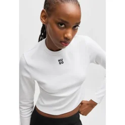 Hugo Cropped Slim Fit Long Sleeve T-Shirt in White