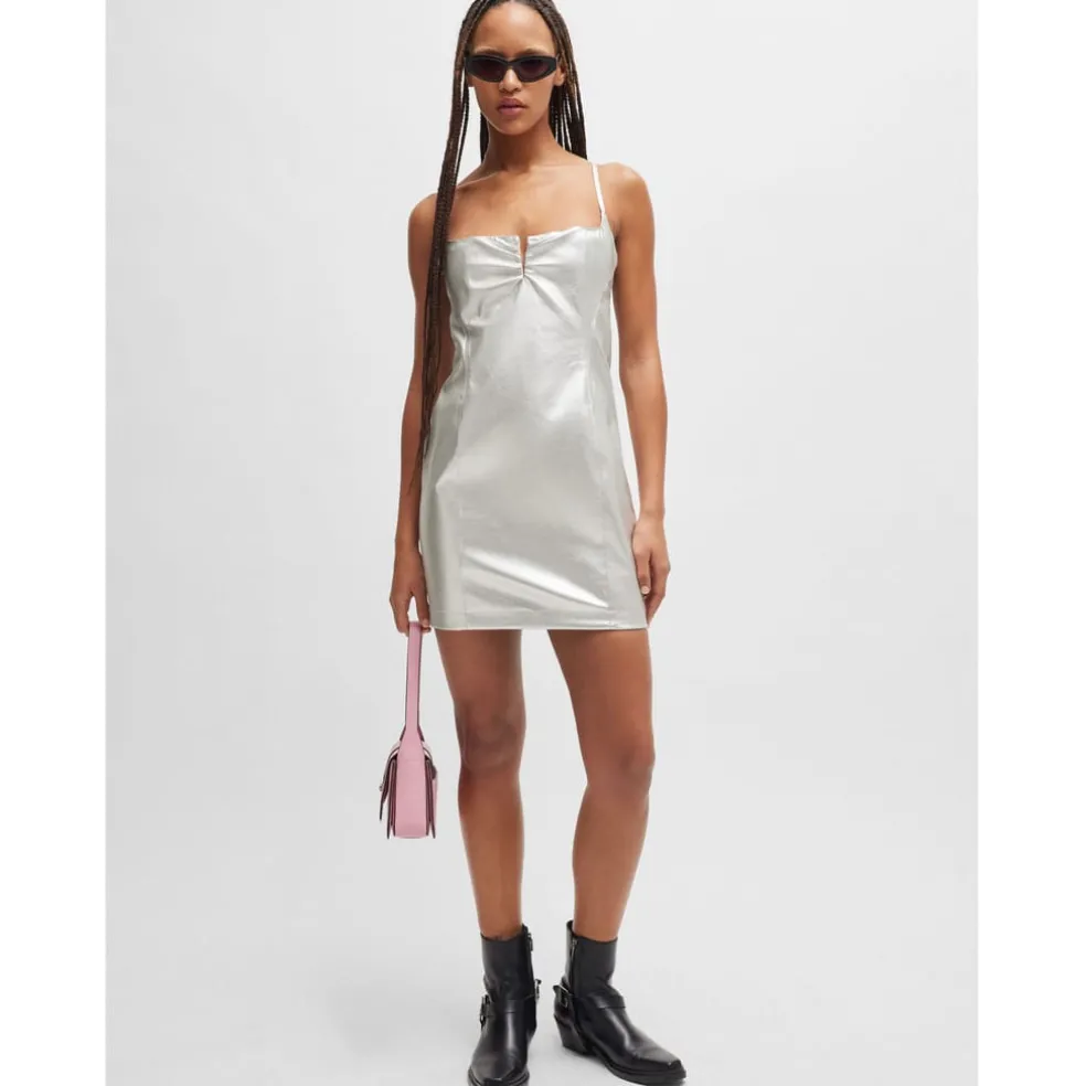 Hugo Kateresa-1 Metallix Faux-Leather Mini Dress in Silver