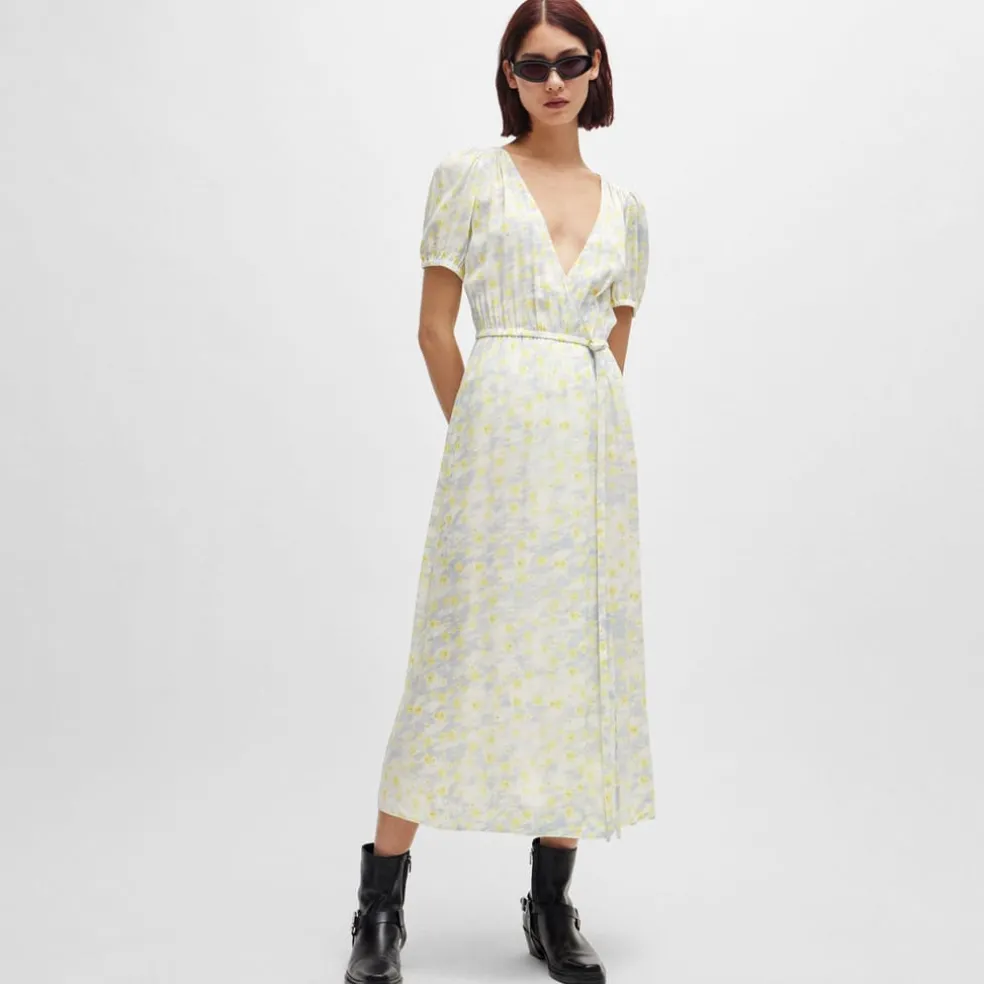 Hugo Kikoni-1 Wrap-Front Dress in White yellow